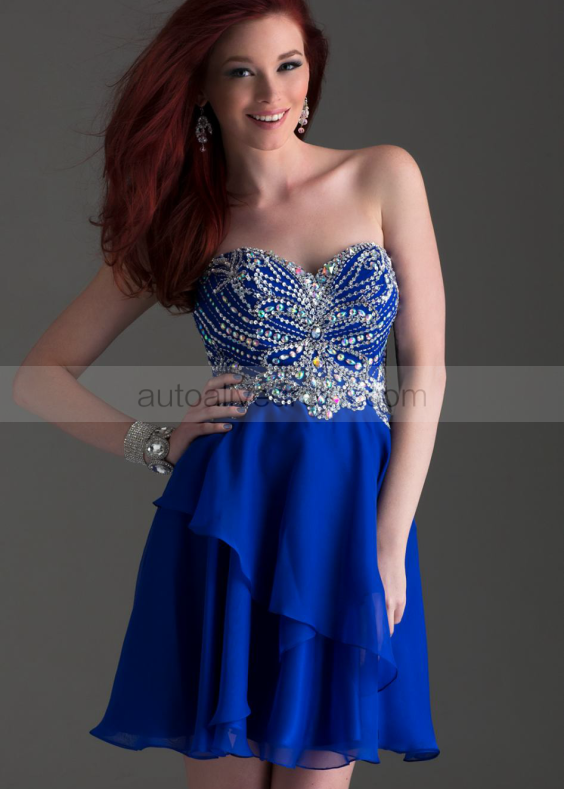 Royal Blue Chiffon Beaded Knee Length Prom Dress